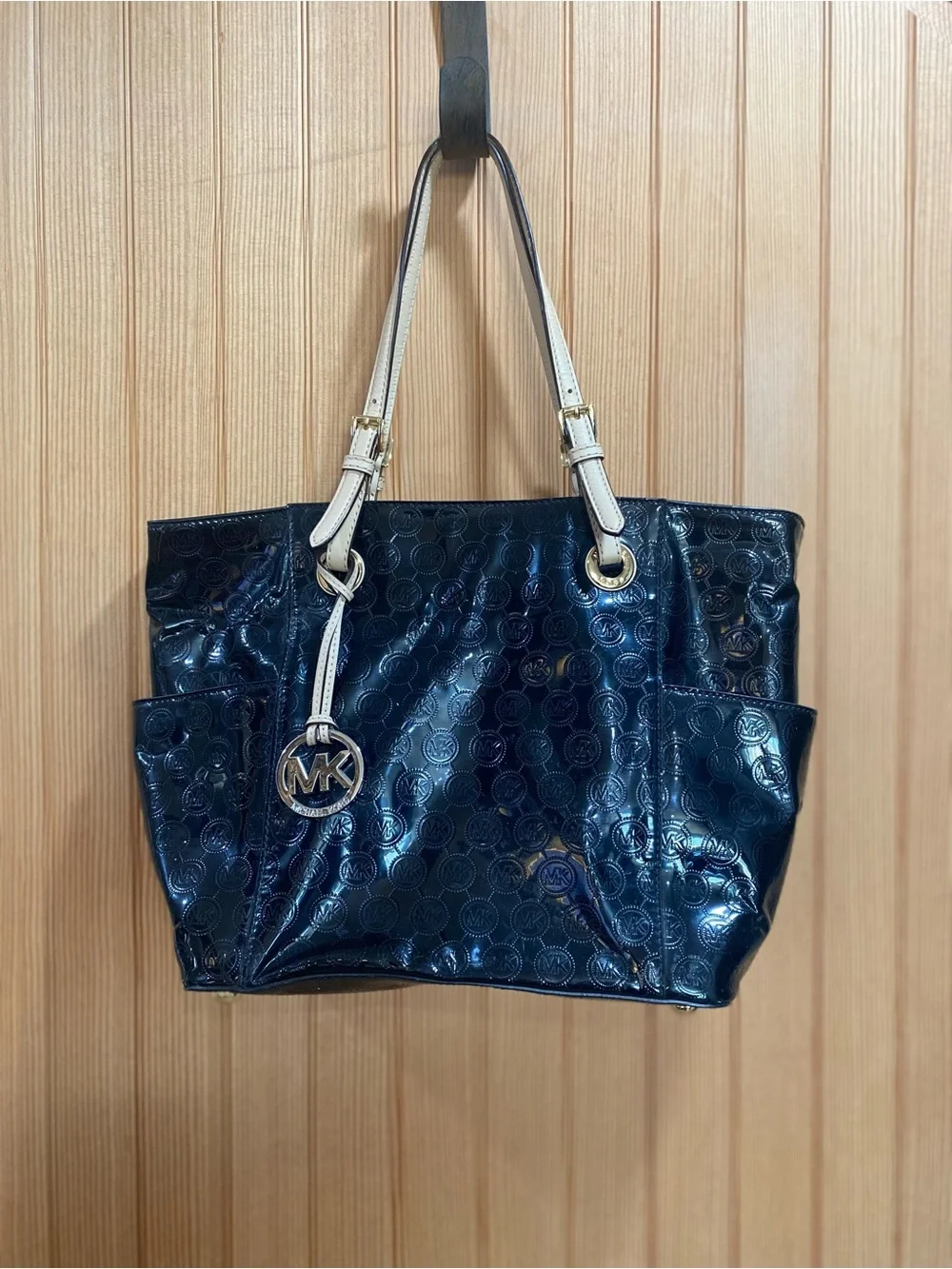 Michael Kors Black Patent Tote with Tan Handles & Outside Pockets
